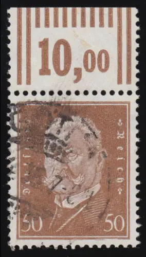 420 W OR Hindenburg 50 Pf. Walzendruck, Oberrand, gestempelt O, Befund BPP