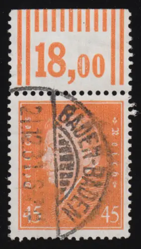 419 W OR Ebert 45 Pf. Walzendruck, Oberrand, gestempelt O, Befund BPP