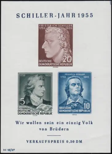 Bl.12 XII Schiller-Jahr 1955 mit Schneidemarkierung oben rechts, postfrisch **