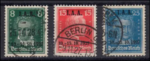 407-409 Aufdruck IAA 1927, 3 Werte, kompl. Satz zeitgerechte Bedarfsstempel O