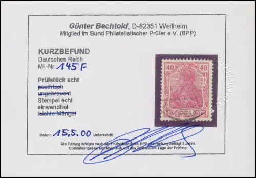 145 bII (ehemals 145F) Germania 40 Pf seltene Farbe, gestempelt O Befund BPP