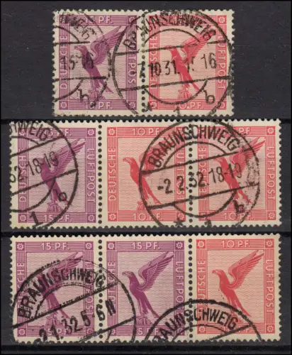 W 22 Flugpost in drei Varianten, gestempelt O Braunschweig
