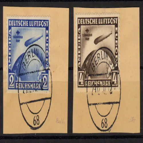438-439 Südamerika-Fahrt Graf Zeppelin, Satz auf 2 Briefstücken, außer Kurs O