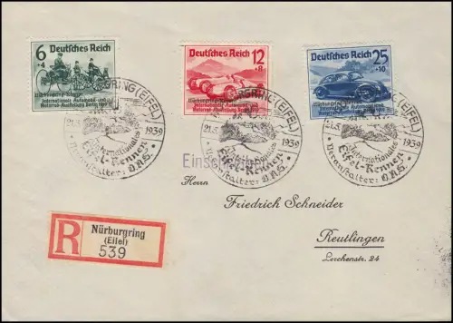 695-697 Nürburgring-Rennen, Satz-Brief mit SSt NÜRBURGRING Eifel-Rennen 21.5.39