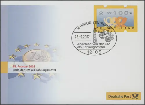 Euro-Einführung: Abschied  D-Mark als Zahlungsmittel, Brief SSt Berlin 28.2.2002