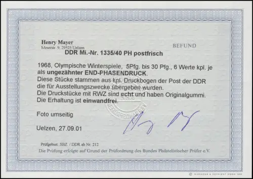 1335-1340PH Olympia, kpl. Satz ungezähnte End-Phasendrucke **, Befund BPP