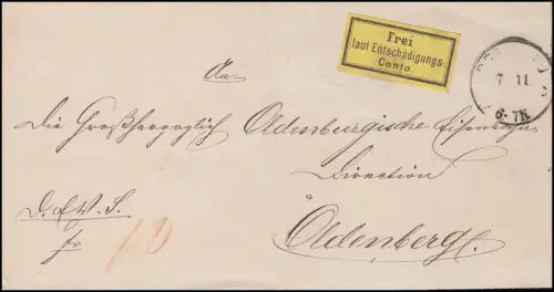 Gebührenzettel Eisenbahn I auf Faltbrief BRESLAU 7.11.1874, rücks. Dienstsiegel