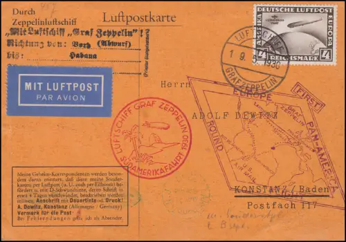Dt. Reich 439 - 4 RM Südamerikafahrt LZ 127 Graf Zeppelin Bordpost 19.5.1930