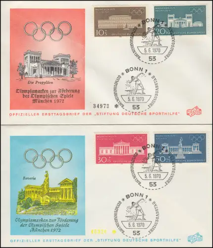 Sporthilfe 624-627 Olympia 1970 - Satz zwei offizielle FDC ESSt BONN 5.6.70