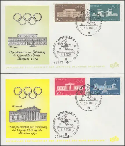 Sporthilfe 624-627 Olympia 1970 - Satz zwei offizielle FDC ESSt MÜNCHEN 5.6.70