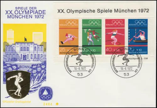 Sporthilfe Block 8 Olympia 1972 - offizieller FDC ESSt BONN 18.8.72