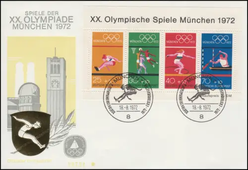 Sporthilfe Block 8 Olympia 1972 - offizieller FDC ESSt MÜNCHEN 18.8.72