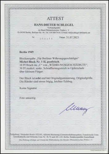 Block 1 II Währungsgeschädigte-Block mit PLF 68I+70I ** FA Schlegel BPP 