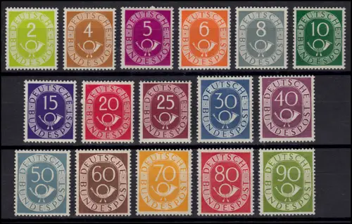 123-138 Posthorn-Satz komplett, unsignierte Originalgummierung, postfrisch **