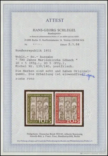 139-140 Marienkirche 1951, Satz postfrisch ** Attest Schlegel BPP einwandfrei