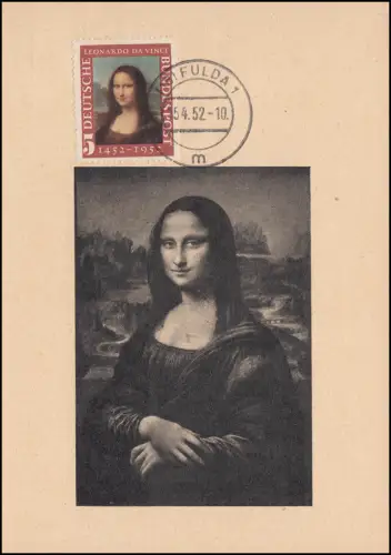 148I Mona Lisa auf Maximumkarte / FDC Ersttag Fulda 15.4.52