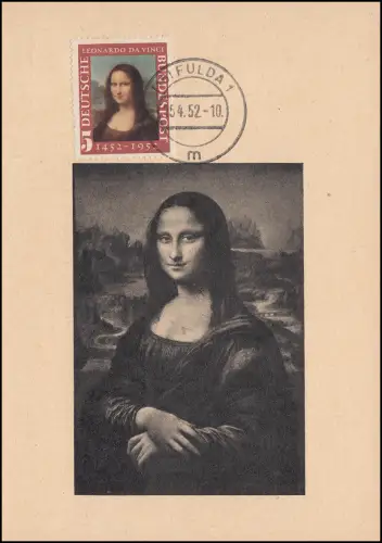 148I Mona Lisa auf Maximumkarte / FDC Ersttag Fulda 15.4.52