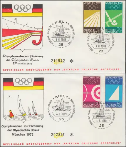 Sporthilfe 587-590 Olympia 1969 - Satz zwei offizielle FDC ESSt KIEL 4.6.69