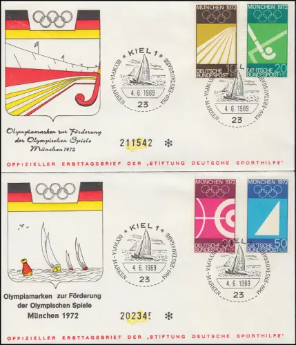 Sporthilfe 587-590 Olympia 1969 - Satz zwei offizielle FDC ESSt KIEL 4.6.69