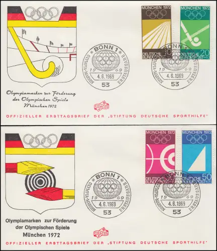 Sporthilfe 587-590 Olympia 1969 - Satz zwei offizielle FDC ESSt BONN 4.6.69