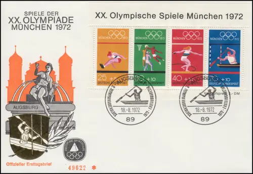 Sporthilfe Block 8 Olympia 1972 - offizieller FDC ESSt AUGSBURG 18.8.72