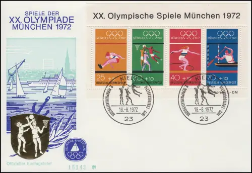 Sporthilfe Block 8 Olympia 1972 - offizieller FDC ESSt KIEL 18.8.72