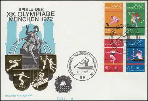 Sporthilfe HBL 22 Olympia 1972 - offizieller FDC ESSt AUGSBURG 18.8.72