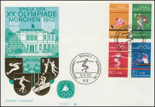 Sporthilfe HBL 22 Olympia 1972 - offizieller FDC ESSt BONN 18.8.72