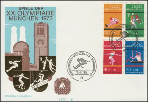 Sporthilfe HBL 22 Olympia 1972 - offizieller FDC ESSt MÜNCHEN 18.8.72