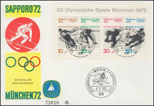 Sporthilfe Block 6 Olympia Sapporo - offizieller FDC ESSt BONN 4.6.71