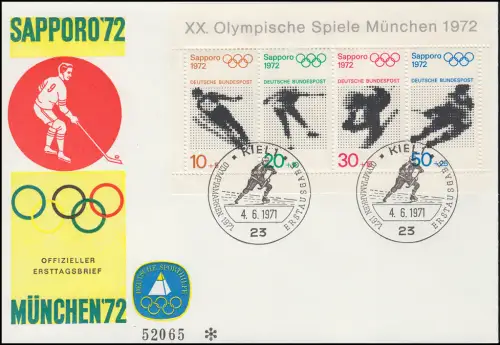 Sporthilfe Block 6 Olympia Sapporo - offizieller FDC ESSt KIEL 4.6.71