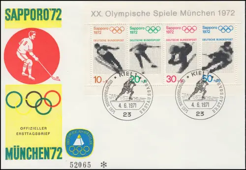 Sporthilfe Block 6 Olympia Sapporo - offizieller FDC ESSt KIEL 4.6.71