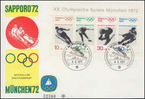 Sporthilfe Block 6 Olympia Sapporo - offizieller FDC ESSt MÜNCHEN 4.6.71