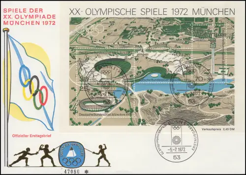 Sporthilfe Block 7 Olympiastadion 1972 - offizieller FDC ESSt BONN 5.7.72