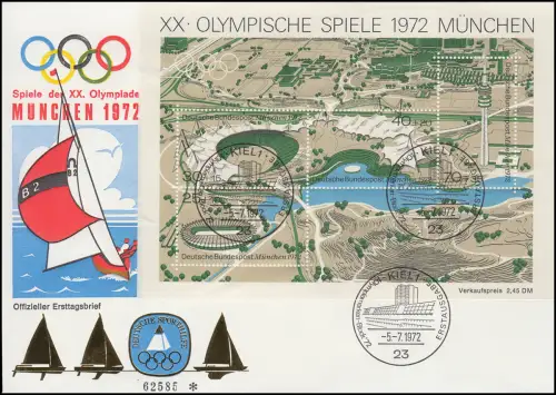Sporthilfe Block 7 Olympiastadion 1972 - offizieller FDC ESSt KIEL 5.7.72