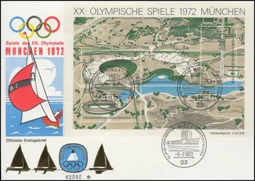 Sporthilfe Block 7 Olympiastadion 1972 - offizieller FDC ESSt KIEL 5.7.72