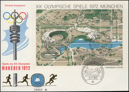 Sporthilfe Block 7 Olympiastadion 1972 - offizieller FDC ESSt MÜNCHEN 5.7.72