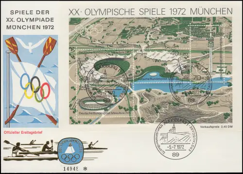 Sporthilfe Block 7 Olympiastadion 1972 - offizieller FDC ESSt AUGSBURG 5.7.72
