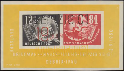 Block 7 DEBRIA - Drei-Farben-Stempel ET 26.8.50, Schneidemarkierung oben rechts