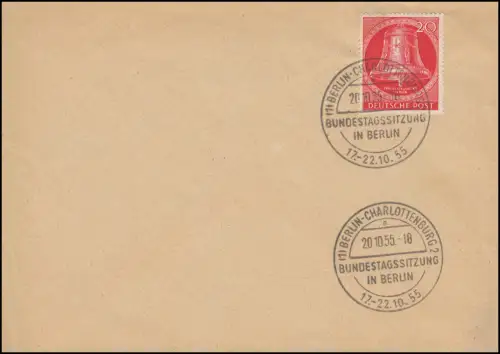 103 Glocke/Klöppel mittig auf Blanko-Brief SSt BERLIN Bundestagssitzung 20.10.55