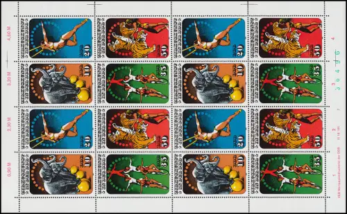 2983-2986 Zirkuskunst 1985, ZD-Bogen, FN2 mit grünen Randziffern, **