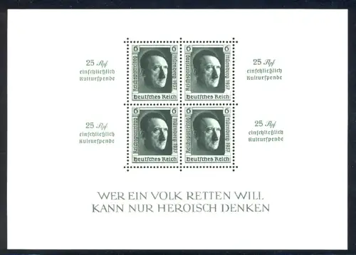 Block 11 Hitler mit Zudruck und Aufdruck Reichsparteitag 1937, **