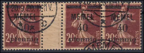 Memel 22a Zwischensteg 40 Pf. auf 20 C, GC-Papier, gestempelt O mit Attestkopie