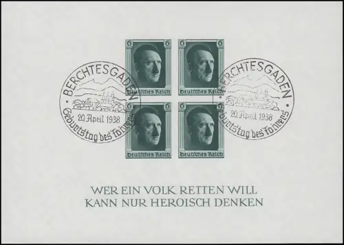 Block 8 Hitler, UNGEZÄHNT, Sonderstempel SST Geburtstag Berchtesgaden 20.4.38