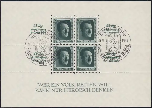 Block 11 Aufdruck Parteitag mit Sonderstempel Reichsparteitag Nürnberg 6.9.1937