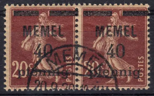 Memel 22a im Paar 40 Pf. auf 20 C, GC-Papier, gestempelt O mit Attestkopie