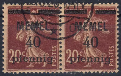 Memel 22a im Paar 40 Pf. auf 20 C, GC-Papier, gestempelt O mit Attestkopie