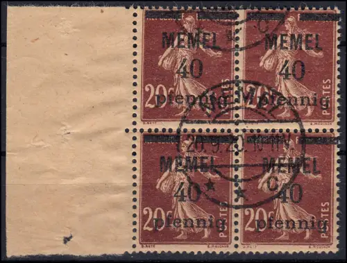 Memel 22a im Viererblock 40 Pf. auf 20 C, GC-Papier, gestempelt O + Attestkopie