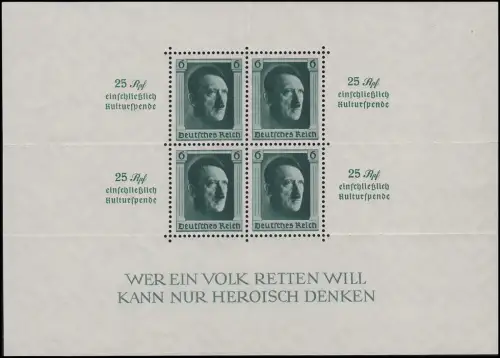 Block 9 Hitler Zudruck KULTURSPENDE, tief geprüft BPP postfrisch **