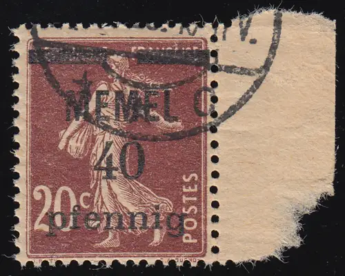 Memel 22a Aufdruck 40 Pf. auf 20 C, GC-Papier, gestempelt O mit Attestkopie